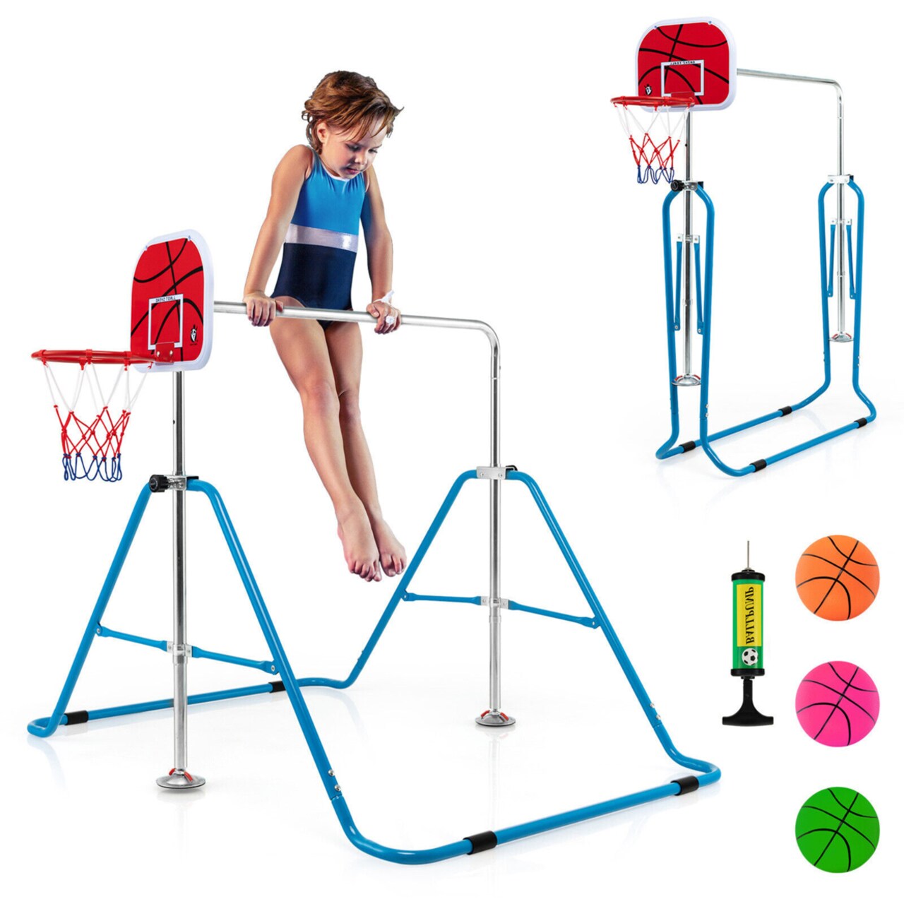 Kids Folding Horizontal Bar Adjustable Training Gymnastics Bar W/ Basketball Hoop